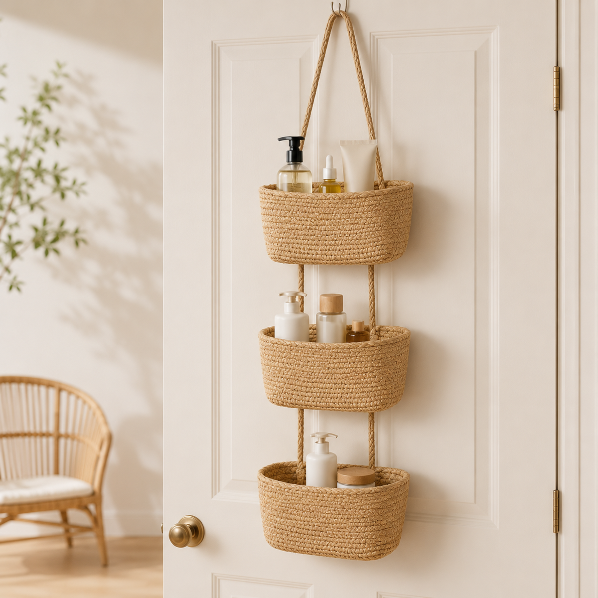 Woven cotton 3-Tier Over the Door Basket